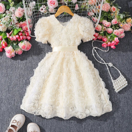 Dívčí béžové šaty, elegantní společenské šaty s krátkým rukávem, letní květinové princeznovské šaty, roztomilé dětské oblečení pro dívky 3–7 let