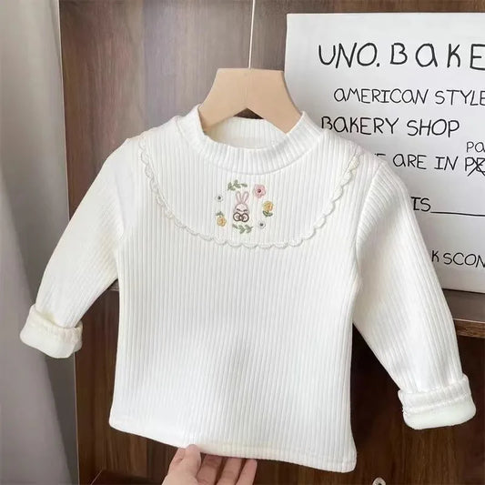 1 ks dětské tričko, kreslená výšivka, sametový hřejivý top, dětské triko s polorolákem a dlouhým rukávem, dívčí tričko, oblečení