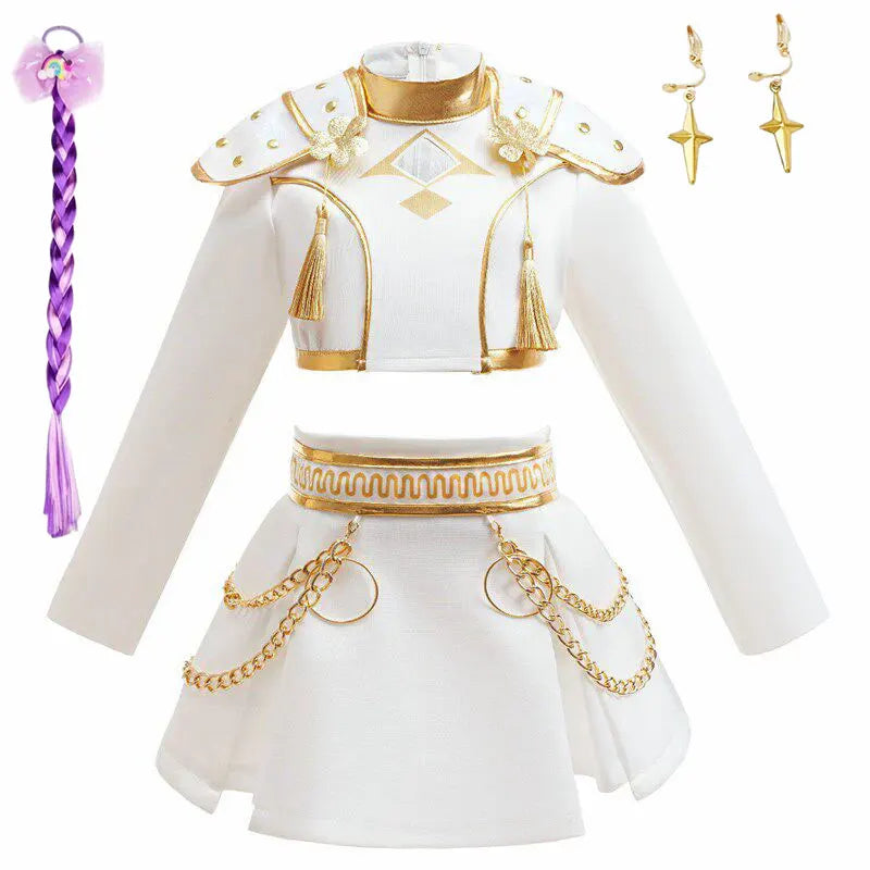 Dvoudílný taneční kostým pro dívky v bílé a zlaté barvě, populární oblečení na vystoupení ve stylu K-pop, dětská narozeninová párty, cosplay, týmová uniforma pro zpěvačky