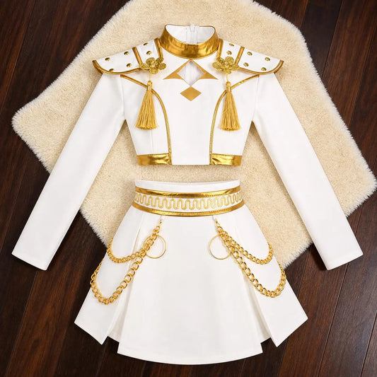 Dvoudílný taneční kostým pro dívky v bílé a zlaté barvě, populární oblečení na vystoupení ve stylu K-pop, dětská narozeninová párty, cosplay, týmová uniforma pro zpěvačky