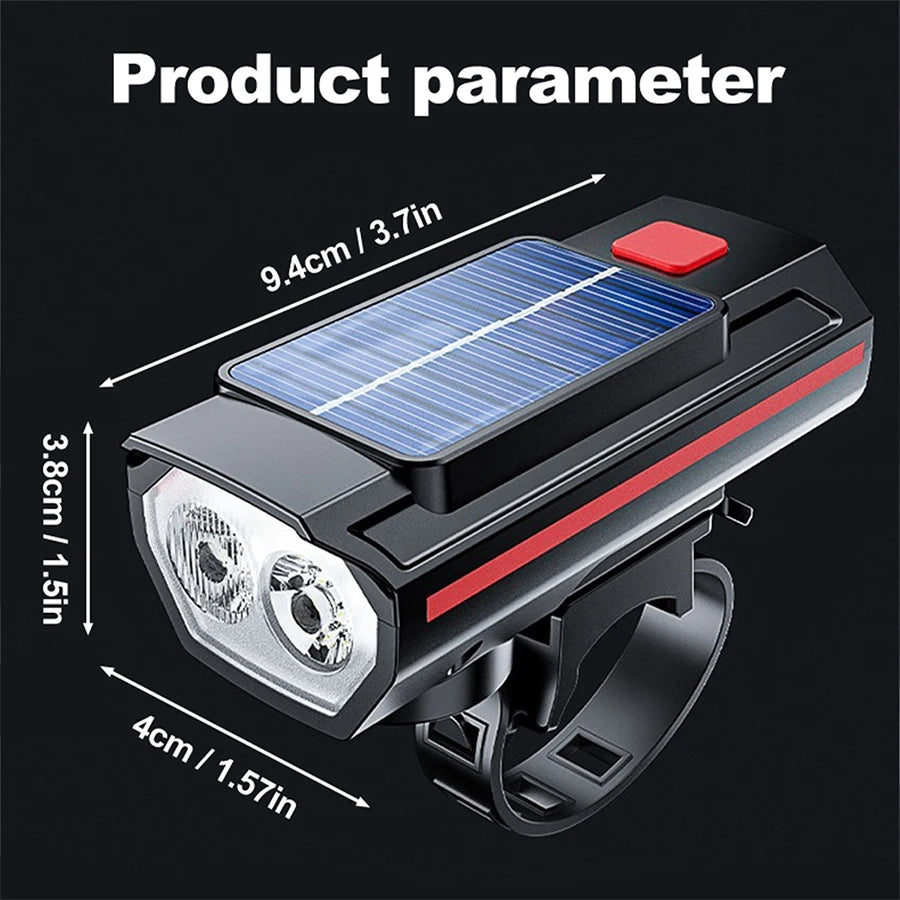 Solar Bicycle Light with Horn 120dB TYPE-C Fast Charging MTB Road Bike Front Lamp Flashlight Bicycle Light 1200 mah