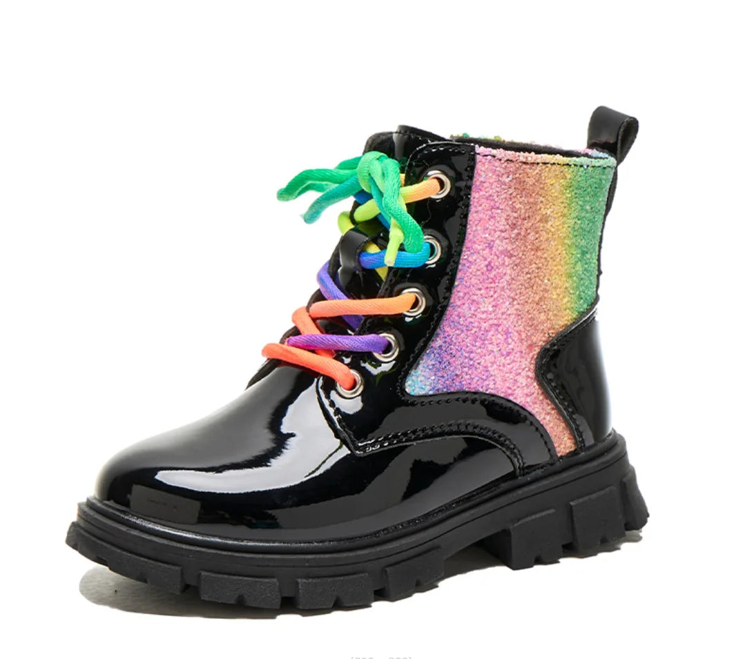 Winter Girls New Colorful Short Boots Fashion Children British Banquet Party Lace Leather Shoes Kids Versatile Thick Bottom Boot