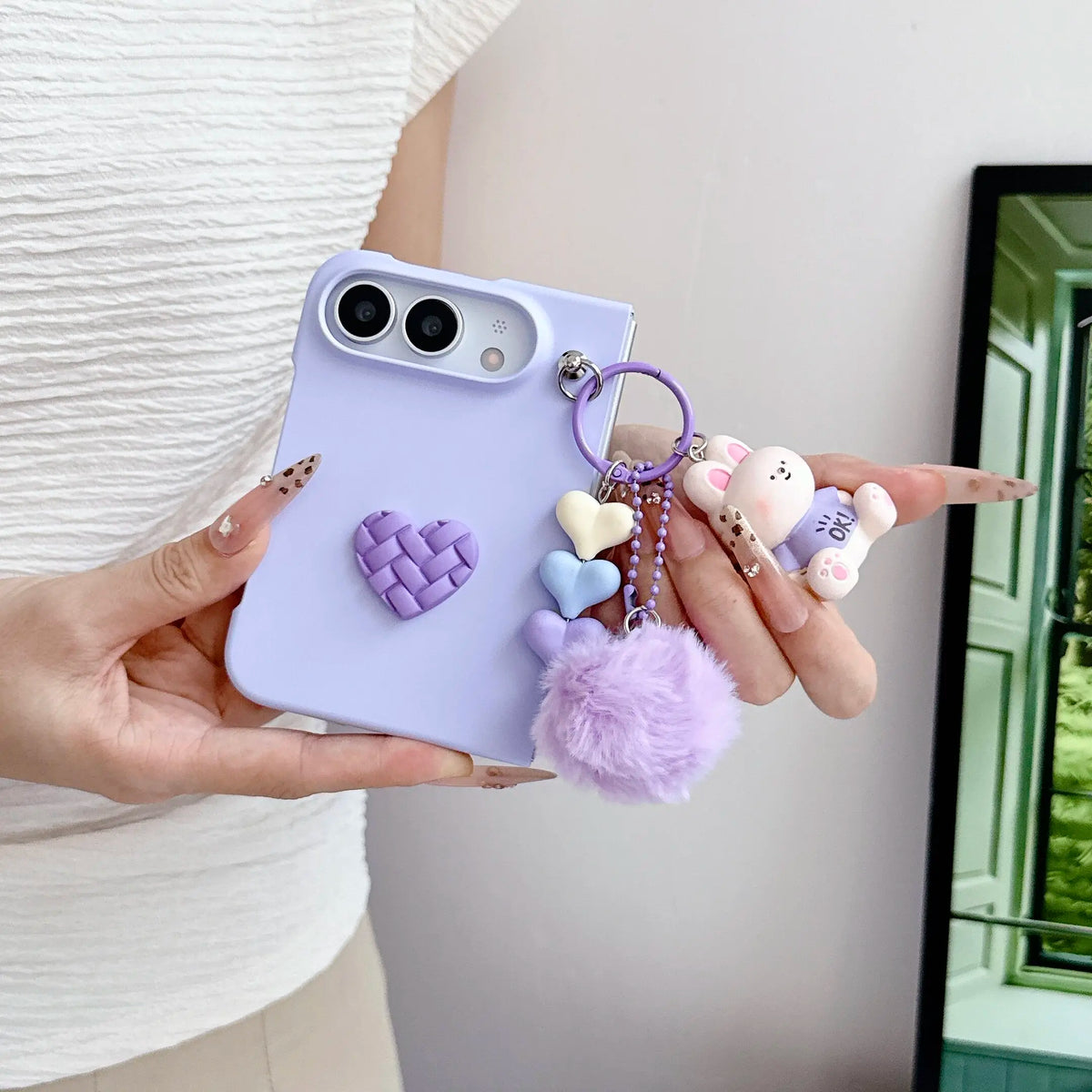 For iPhone Duo Cartoon Bear Plush Folding Phone Case for iPhone DUO New 18 Fold Slim Shockproof Love Heart Cover with Lanyard