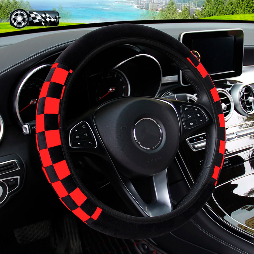 Plush Plaid Car without Inner Ring Steering Wheel Cover Comfortable Warm Soft Automotive Supplies Interior Suitable for 37-38cm