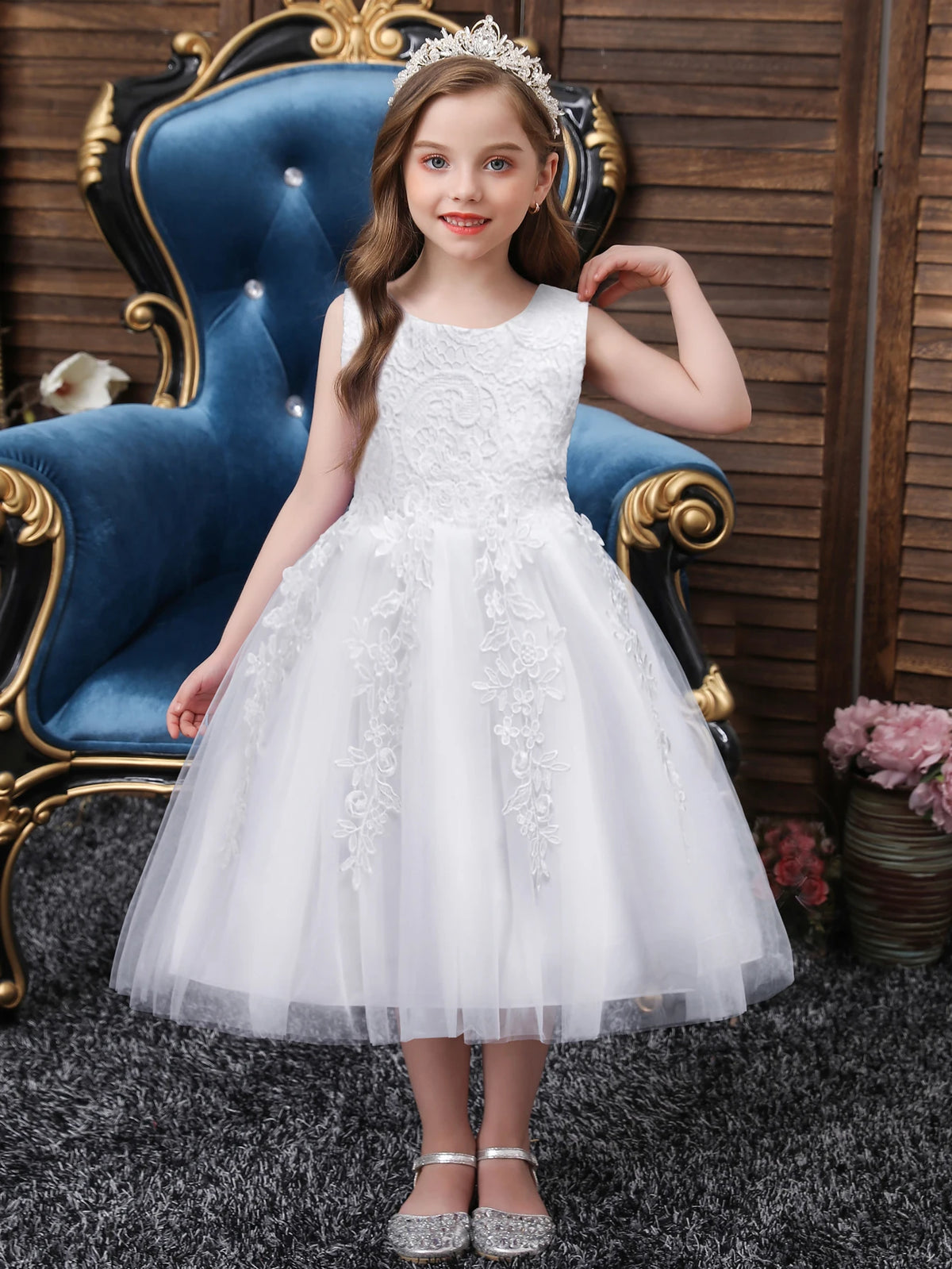 Girls Mesh Hem Princess Dress, Embroidery Design Sleeveless Flower Girl Dress For Pageant Gown Christmas Birthday #802