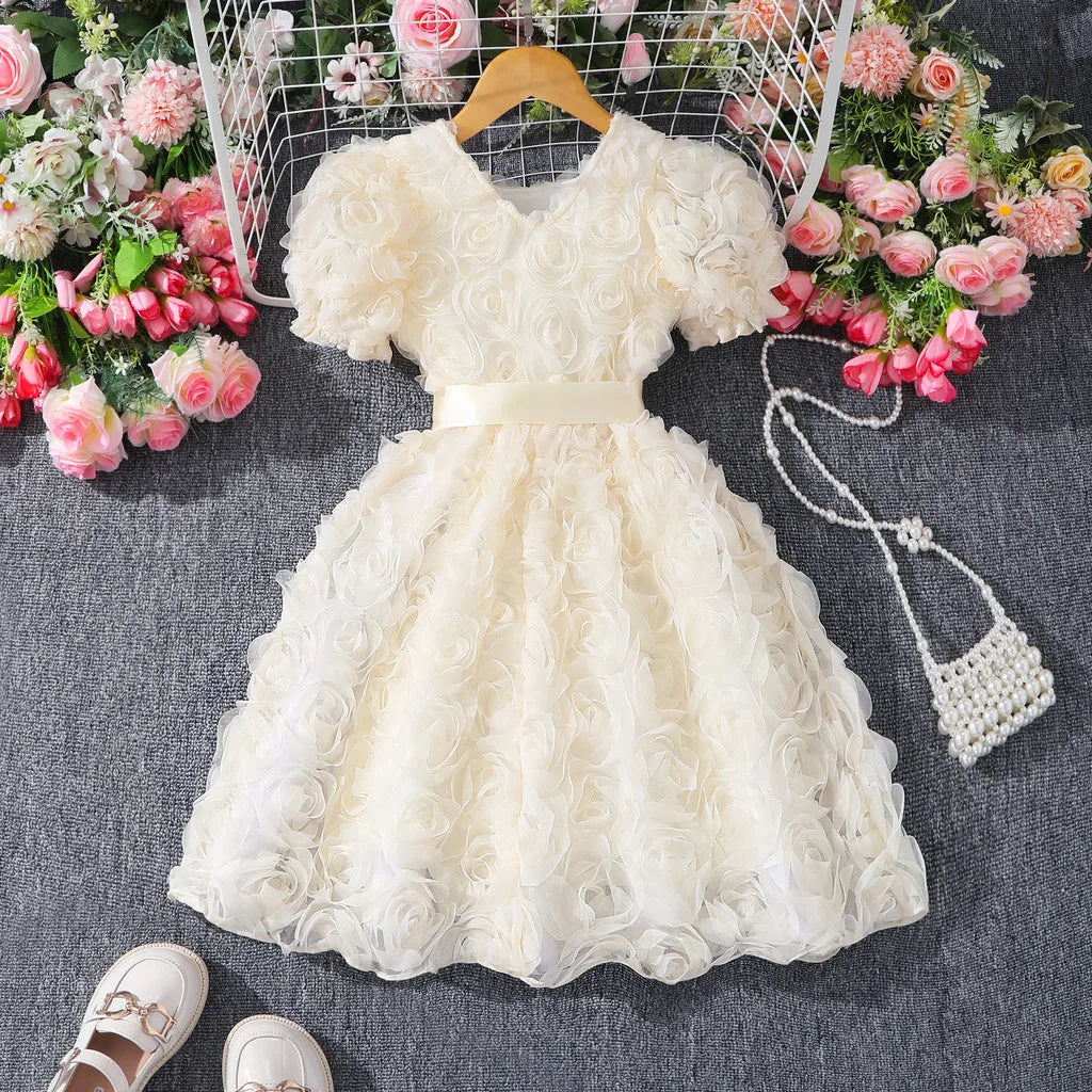 Dívčí béžové šaty, elegantní společenské šaty s krátkým rukávem, letní květinové princeznovské šaty, roztomilé dětské oblečení pro dívky 3–7 let