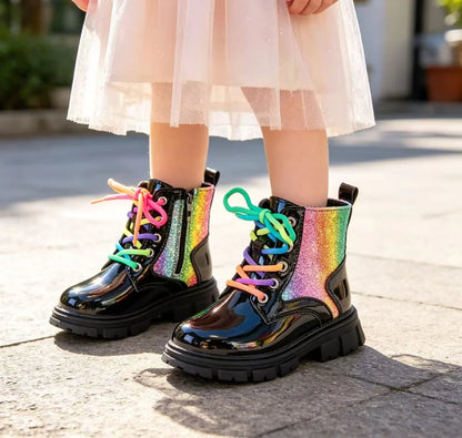 Winter Girls New Colorful Short Boots Fashion Children British Banquet Party Lace Leather Shoes Kids Versatile Thick Bottom Boot