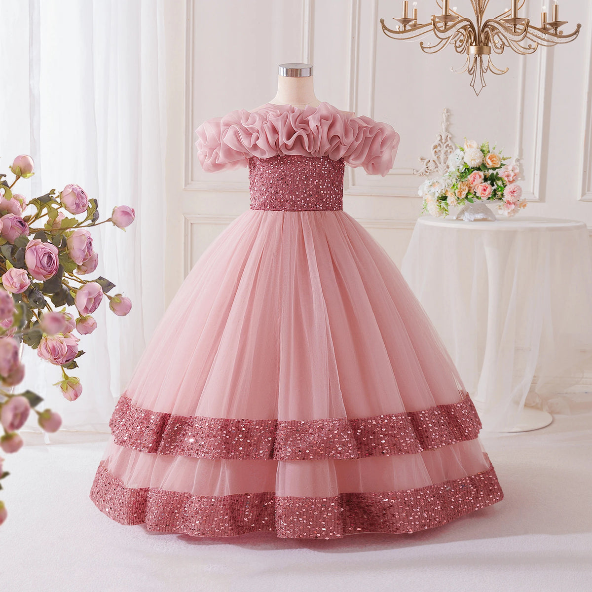 Elegant Flower Bridesmaid Party Girls Dresses Fashion Bow Pageant Wedding Princess Dress for Girls Birthday Prom Evening Costume