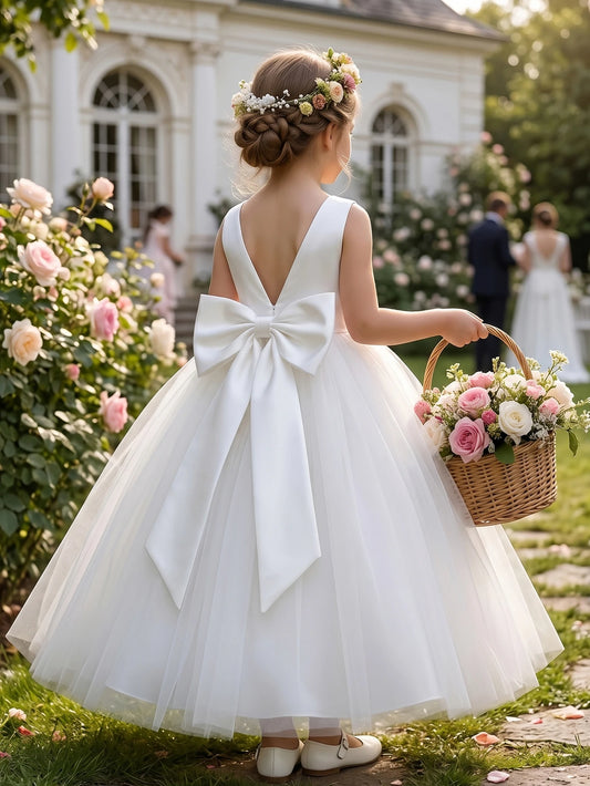 Bílé společenské šaty s velkou mašlí, dívčí párty šaty, nadýchané tylové šaty, dětská princeznovská róba na ples a soutěže krásy
