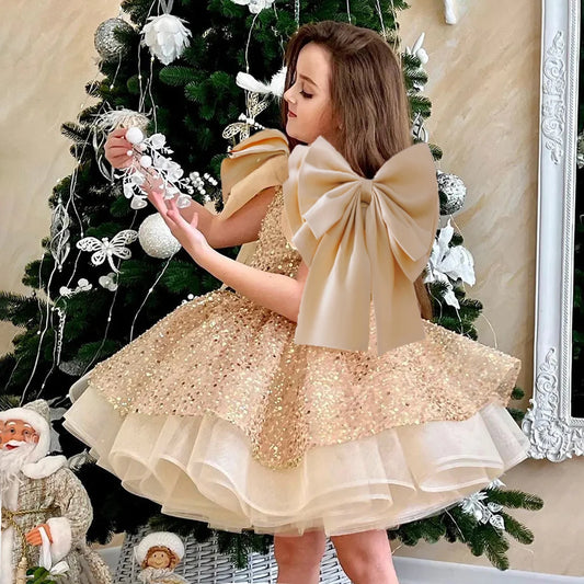 Elegantní dívčí společenské šaty s flitrovou mašlí, vhodné na svatbu, pro družičky, jako princeznovské šaty na ples, gala večer, narozeniny či jiné slavnostní příležitosti.