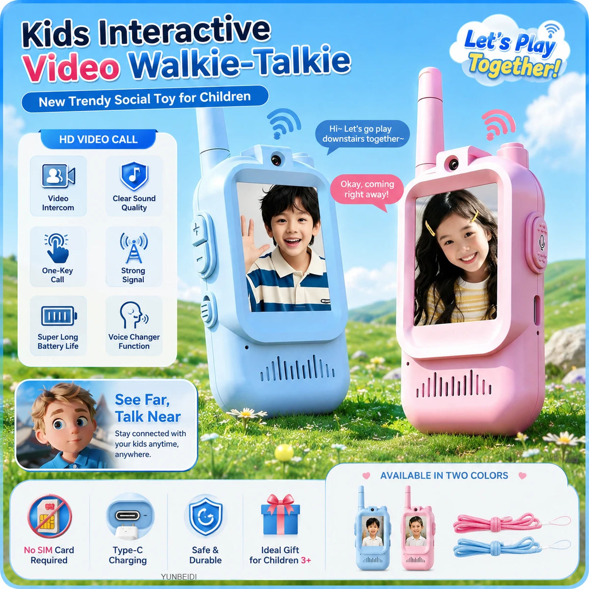 2PC Kids HD-Video Walkie Talkies 3 Styles Intercom USB Charging Indoor Outdoor Boys Girls Age 3+ Child's Birthday Gifts Toys