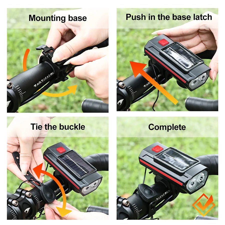 Solar Bicycle Light with Horn 120dB TYPE-C Fast Charging MTB Road Bike Front Lamp Flashlight Bicycle Light 1200 mah