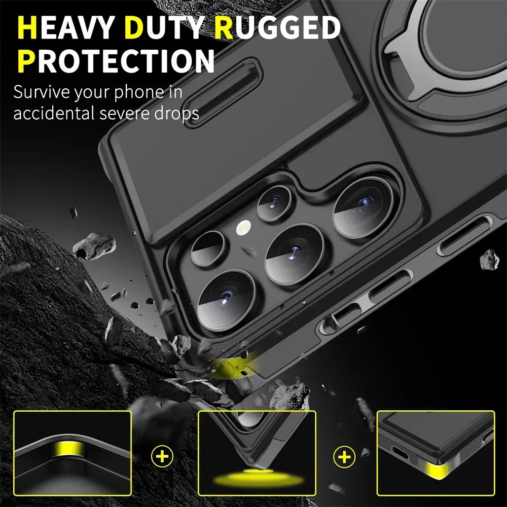 Armor Magnetic Bracket Case for Samsung S26 S25 S24 S22 S21 S23 S20 Ultra Plus FE Edge Slide Camera Protection Shockproof Cover
