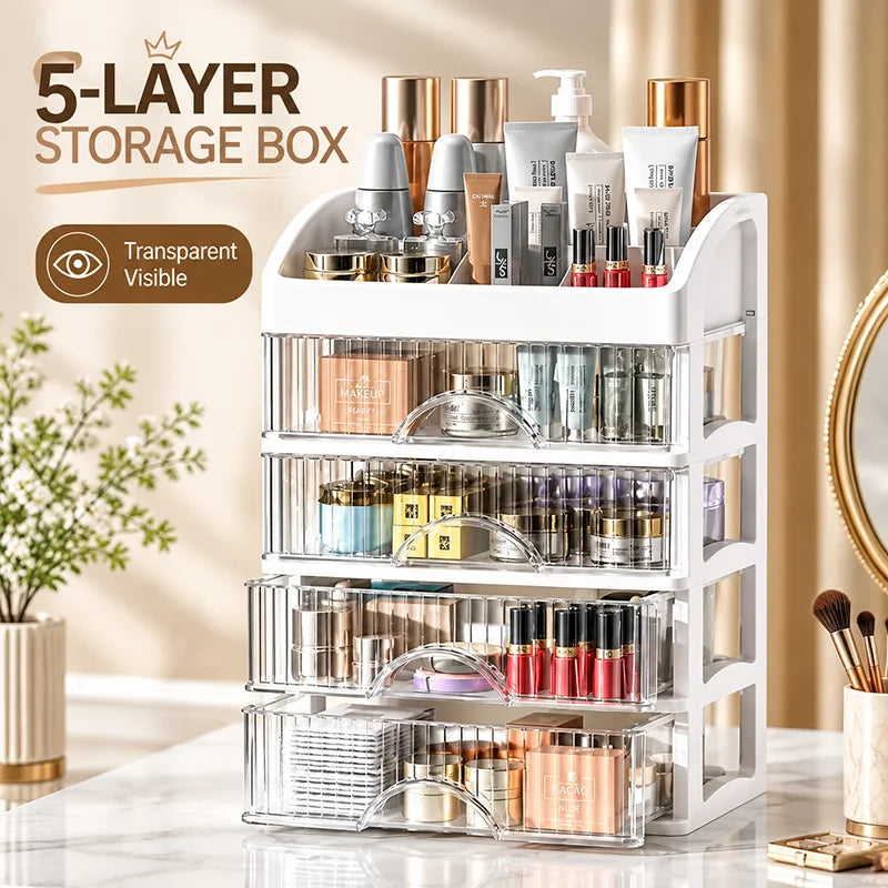 5 Layer Makeup Storage Box Drawer Style Cosmetics Organizer for Dressing Table Office Desk Transparent Cabinet Multi-Purpose