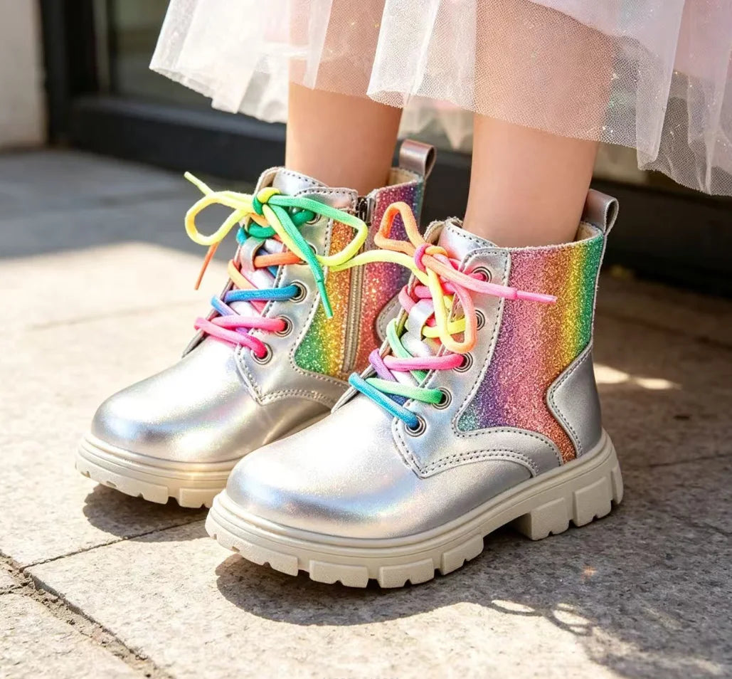 Winter Girls New Colorful Short Boots Fashion Children British Banquet Party Lace Leather Shoes Kids Versatile Thick Bottom Boot