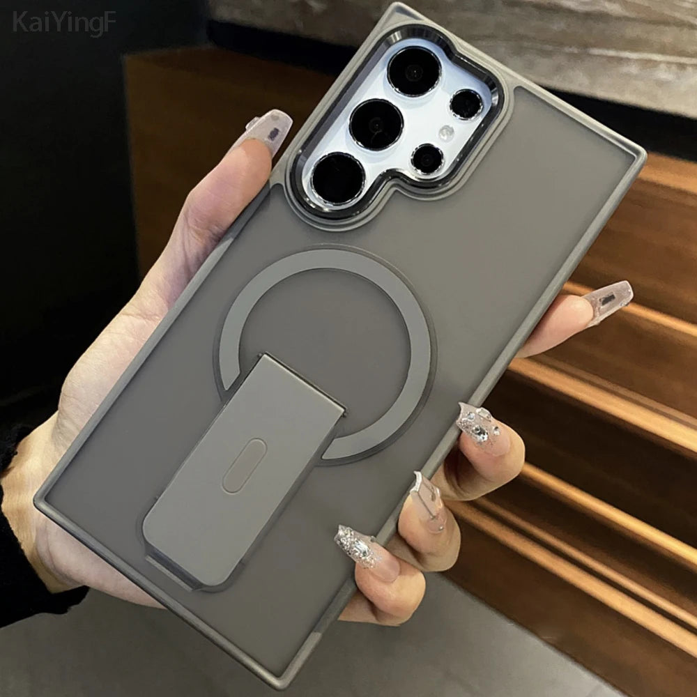 Luxury Magnetic Wireless Charge For Magsafe Case For Samsung Galaxy S25 S23 Ultra S24 Plus FE Folding Stand Holder Matte Cover