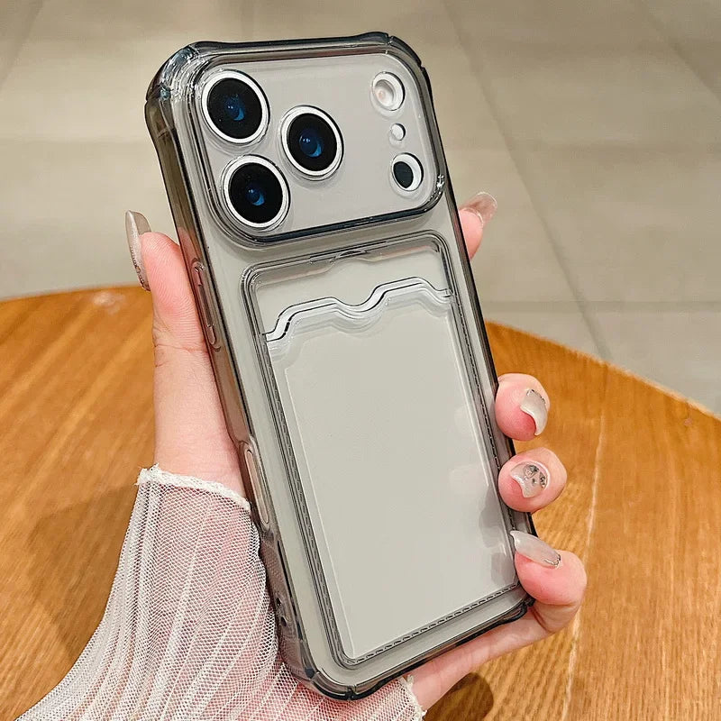 Průhledný nárazuvzdorný kryt na telefon s držákem na karty pro iPhone 18 17 16 15 14 13 12 11 Pro Xs Max 8 Plus Air Mini 16e 17e XR silikonový obal