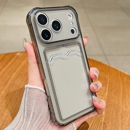 Průhledný nárazuvzdorný kryt na telefon s držákem na karty pro iPhone 18 17 16 15 14 13 12 11 Pro Xs Max 8 Plus Air Mini 16e 17e XR silikonový obal