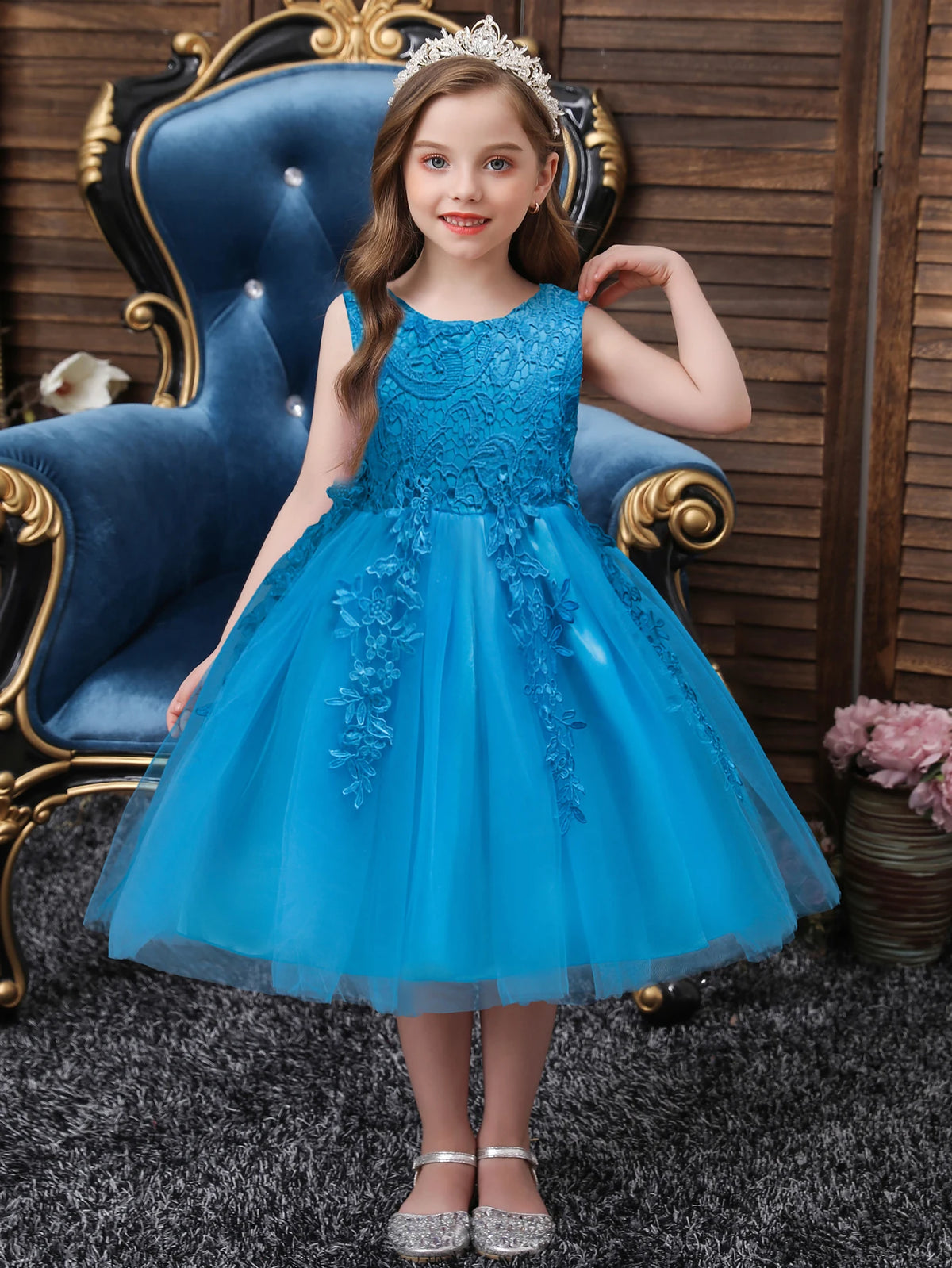 Girls Mesh Hem Princess Dress, Embroidery Design Sleeveless Flower Girl Dress For Pageant Gown Christmas Birthday #802