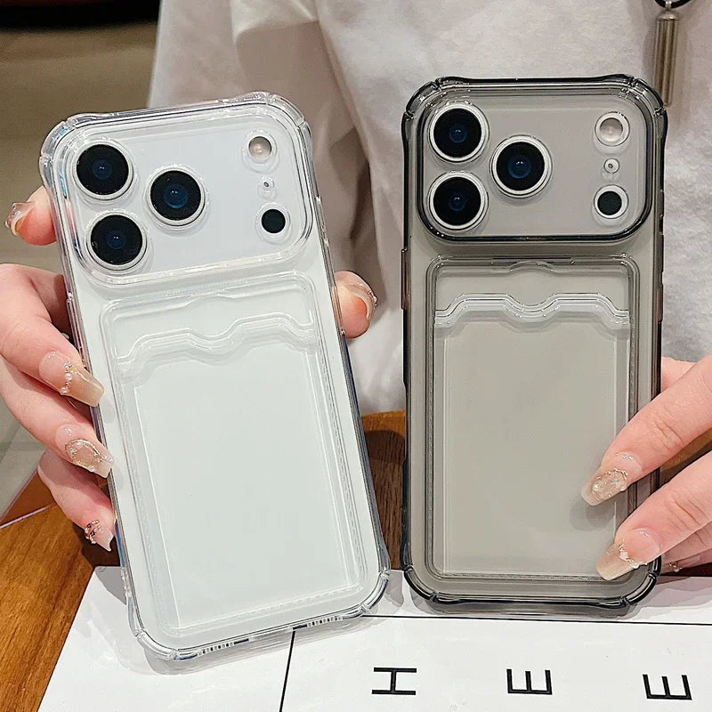 Průhledný nárazuvzdorný kryt na telefon s držákem na karty pro iPhone 18 17 16 15 14 13 12 11 Pro Xs Max 8 Plus Air Mini 16e 17e XR silikonový obal