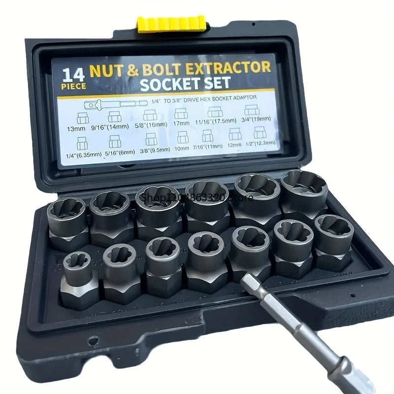 14pcs Impact Socket Set Nut And Bolt Extractor & Remover Chrome Molybdenum Steel Extractors with Storage Box for Automotive