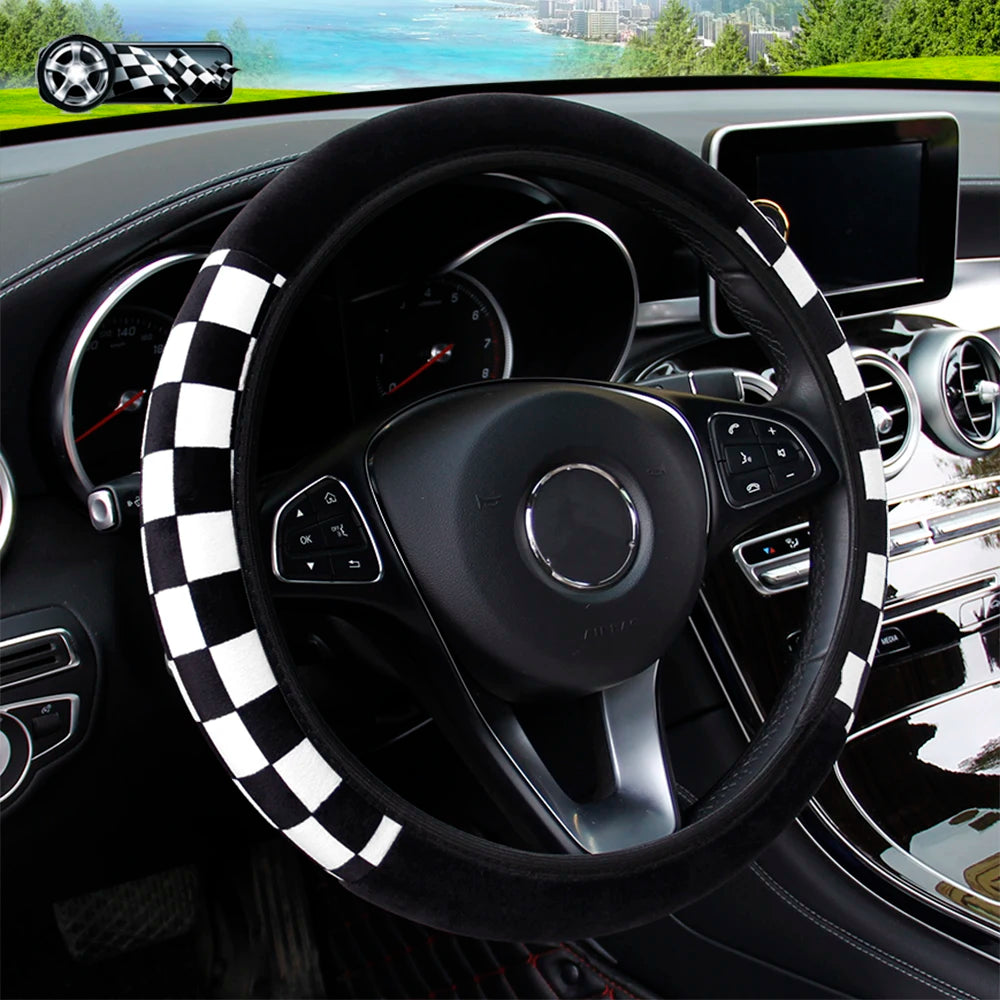 Plush Plaid Car without Inner Ring Steering Wheel Cover Comfortable Warm Soft Automotive Supplies Interior Suitable for 37-38cm