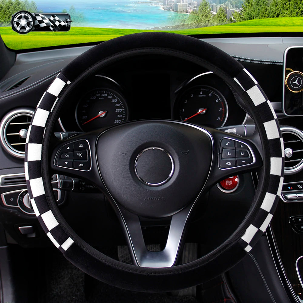 Plush Plaid Car without Inner Ring Steering Wheel Cover Comfortable Warm Soft Automotive Supplies Interior Suitable for 37-38cm