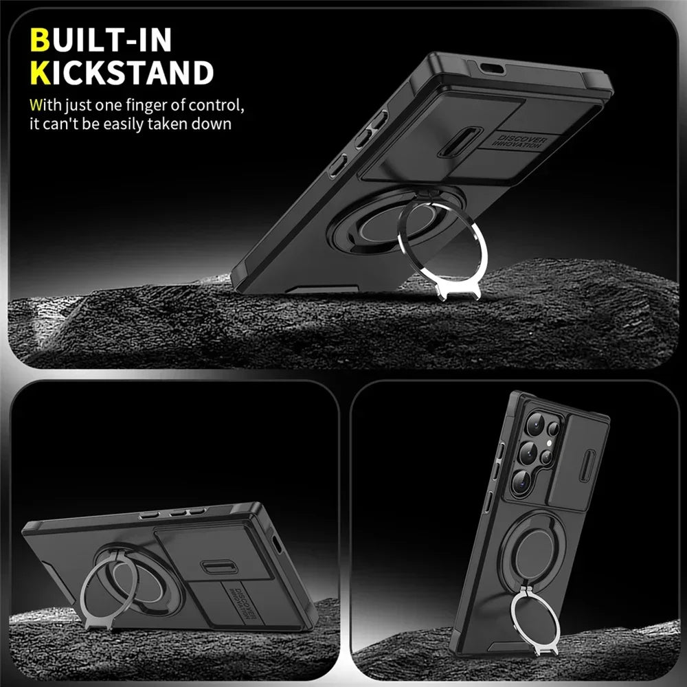 Armor Magnetic Bracket Case for Samsung S26 S25 S24 S22 S21 S23 S20 Ultra Plus FE Edge Slide Camera Protection Shockproof Cover