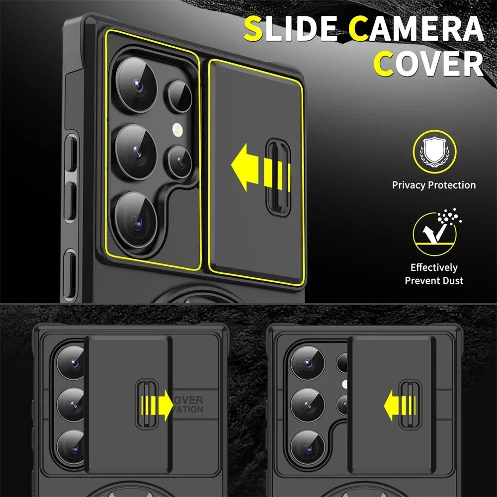 Armor Magnetic Bracket Case for Samsung S26 S25 S24 S22 S21 S23 S20 Ultra Plus FE Edge Slide Camera Protection Shockproof Cover