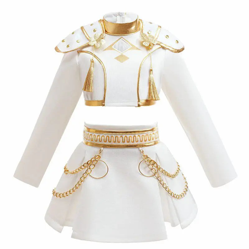 Dvoudílný taneční kostým pro dívky v bílé a zlaté barvě, populární oblečení na vystoupení ve stylu K-pop, dětská narozeninová párty, cosplay, týmová uniforma pro zpěvačky