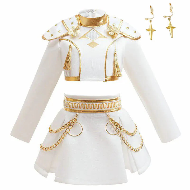 Dvoudílný taneční kostým pro dívky v bílé a zlaté barvě, populární oblečení na vystoupení ve stylu K-pop, dětská narozeninová párty, cosplay, týmová uniforma pro zpěvačky