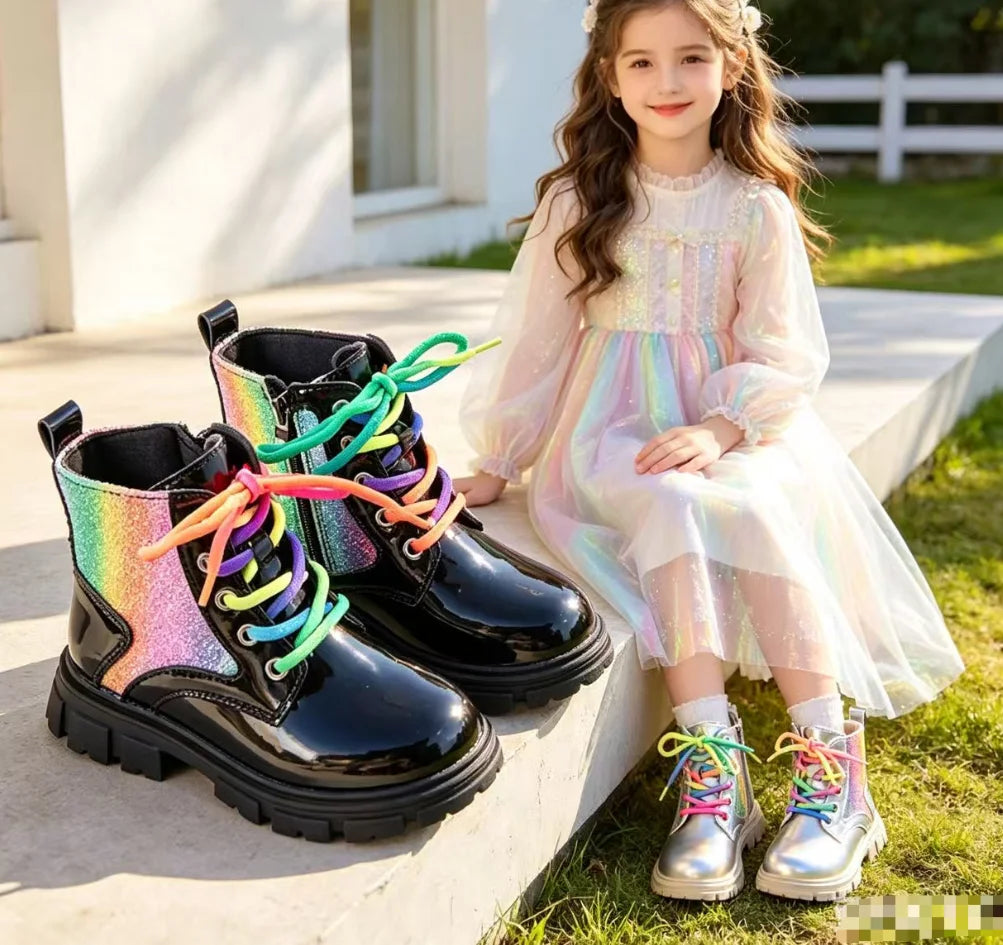 Winter Girls New Colorful Short Boots Fashion Children British Banquet Party Lace Leather Shoes Kids Versatile Thick Bottom Boot