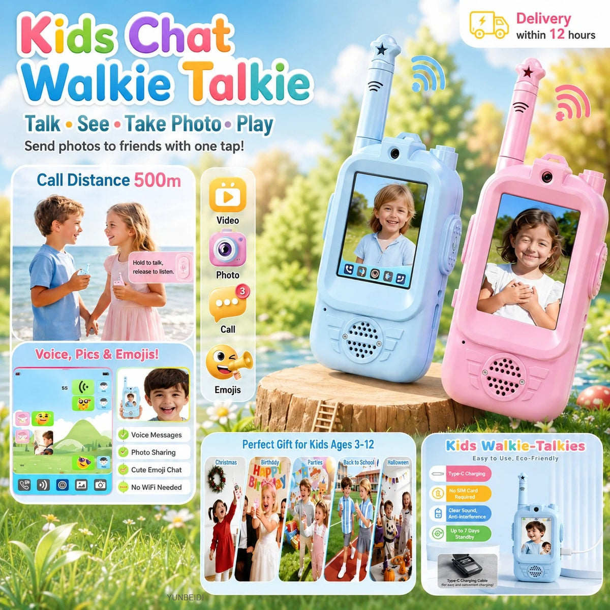 2PC Kids HD-Video Walkie Talkies 3 Styles Intercom USB Charging Indoor Outdoor Boys Girls Age 3+ Child's Birthday Gifts Toys