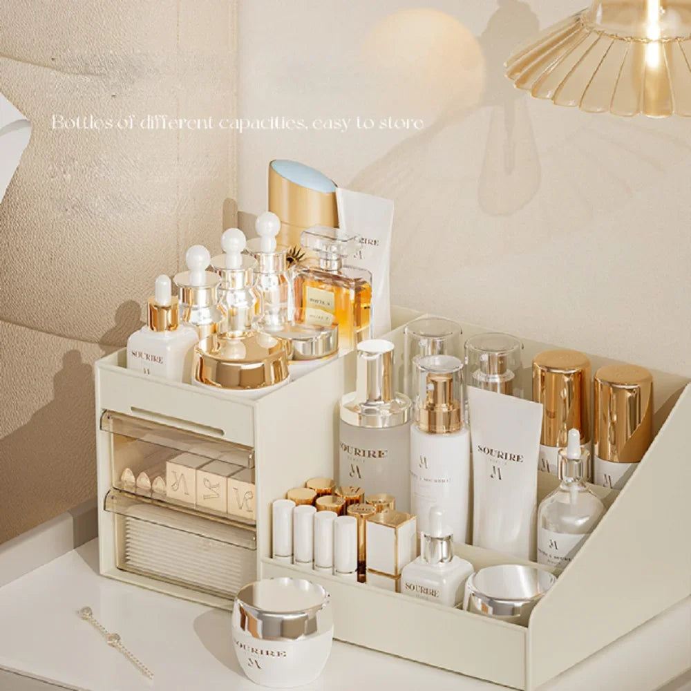 Large Capacity Makeup Cosmetic Organizer with Drawer Multi-Compartment Vanity Countertop Skincare Storage for Bathroom Dresser