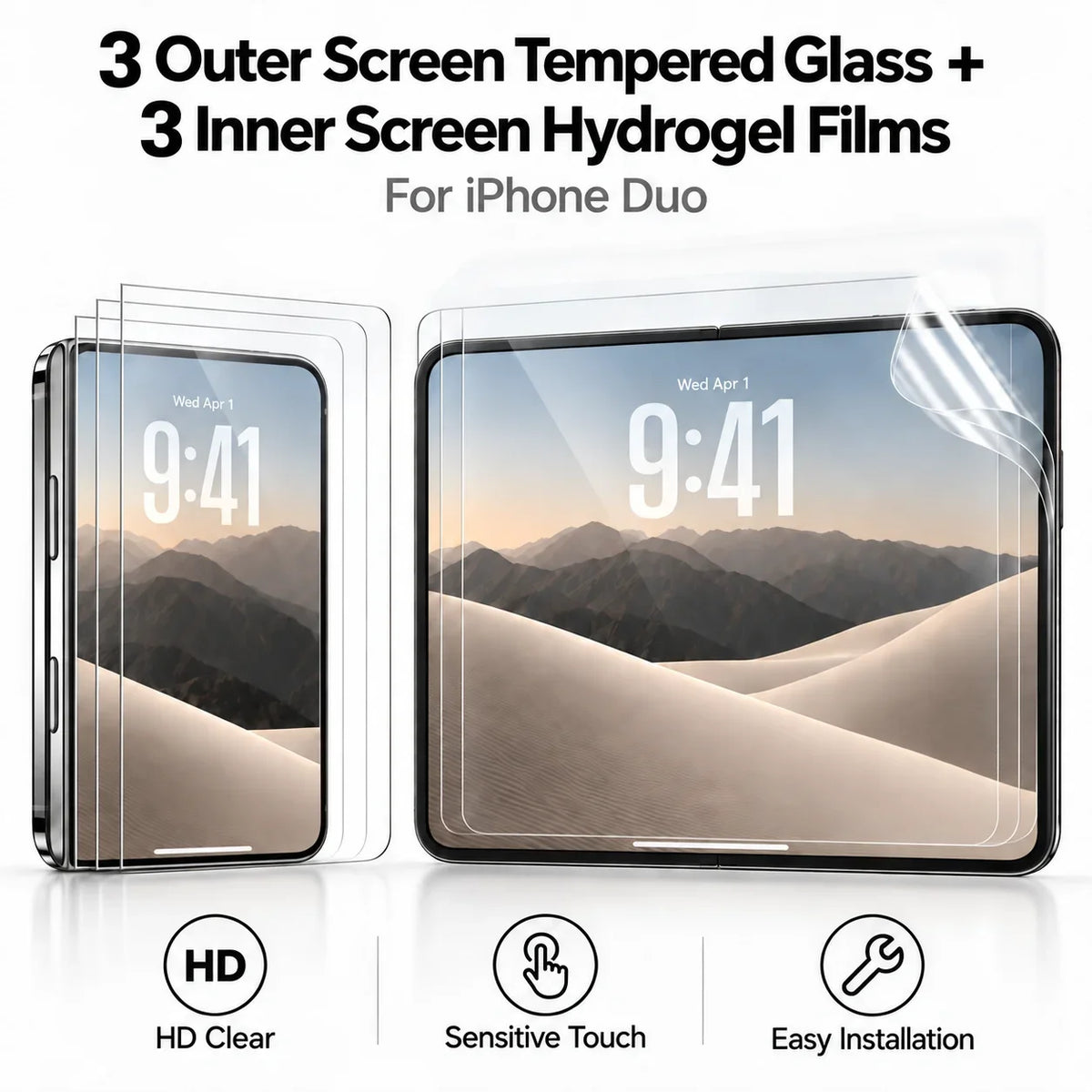 3 Outer Glass +3 Inner Films for iPhone Duo Screen Protector Protective Soft Hydrogel Film for Apple iPhoneDuo 2026