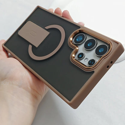Luxury Magnetic Wireless Charge For Magsafe Case For Samsung Galaxy S25 S23 Ultra S24 Plus FE Folding Stand Holder Matte Cover