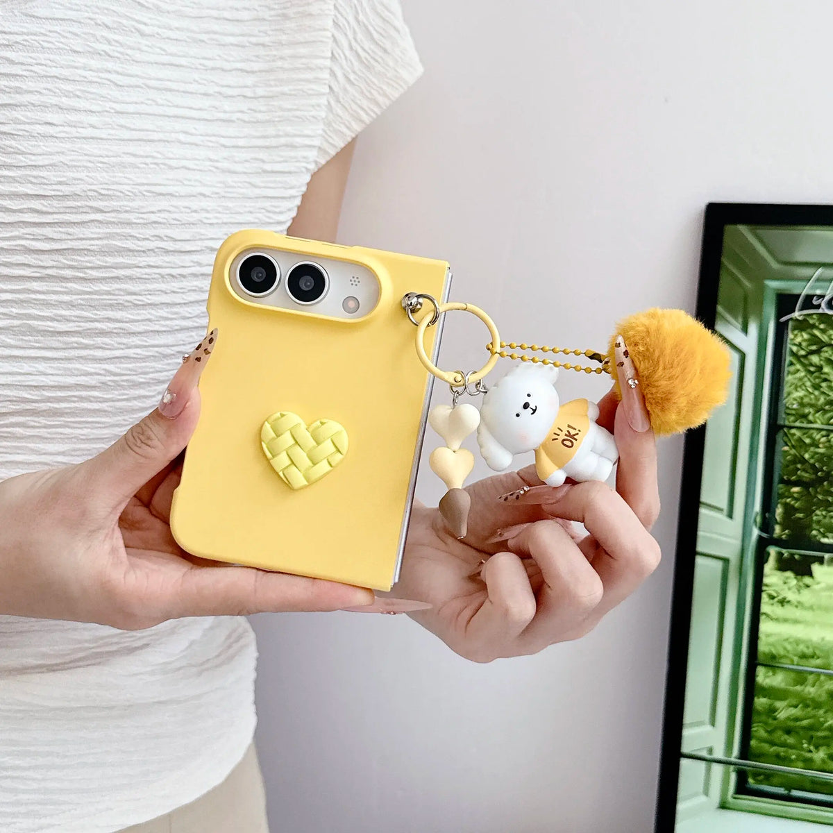 For iPhone Duo Cartoon Bear Plush Folding Phone Case for iPhone DUO New 18 Fold Slim Shockproof Love Heart Cover with Lanyard
