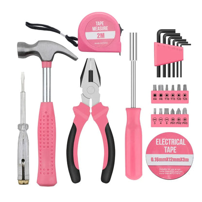 Pink Home Repair Tool Kit Portable Hand Tools Set with Hammer Vise Wrench Screwdriver for DIY Car Emergency