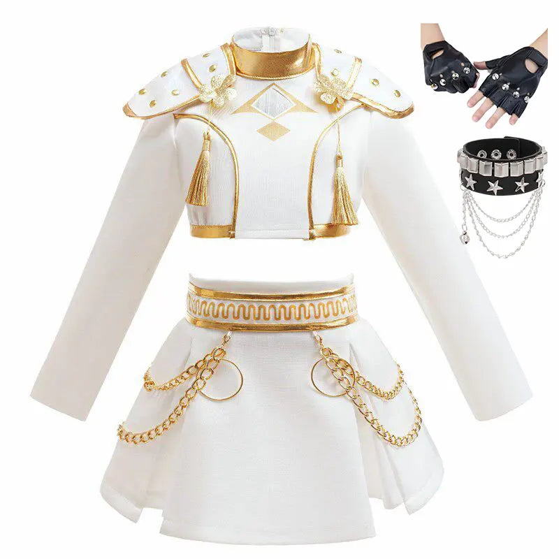 Dvoudílný taneční kostým pro dívky v bílé a zlaté barvě, populární oblečení na vystoupení ve stylu K-pop, dětská narozeninová párty, cosplay, týmová uniforma pro zpěvačky