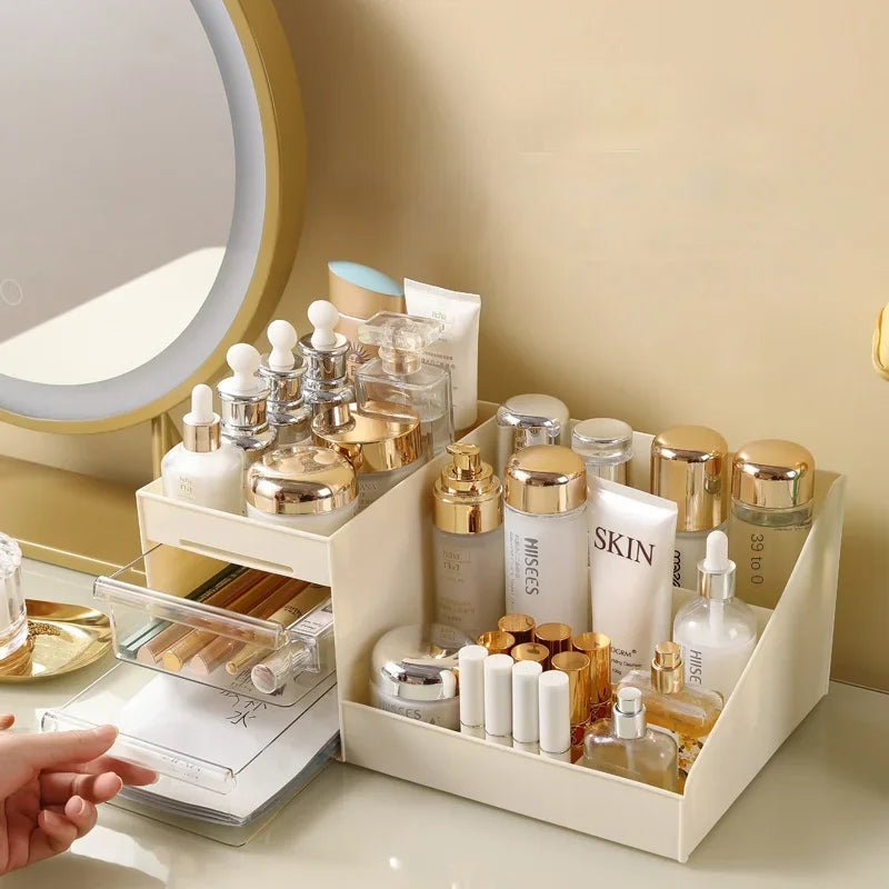 Large Capacity Makeup Cosmetic Organizer with Drawer Multi-Compartment Vanity Countertop Skincare Storage for Bathroom Dresser