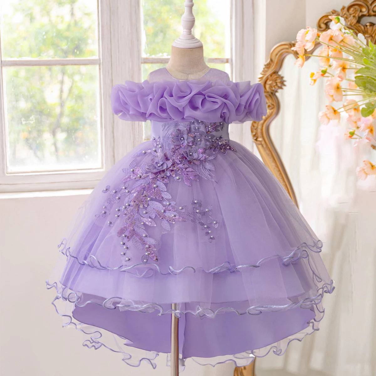 Elegant Flower Bridesmaid Party Girl Dresses Fashion Tulle Wedding Birthday Princess Dress for Girls Graduation Pageant Costumes