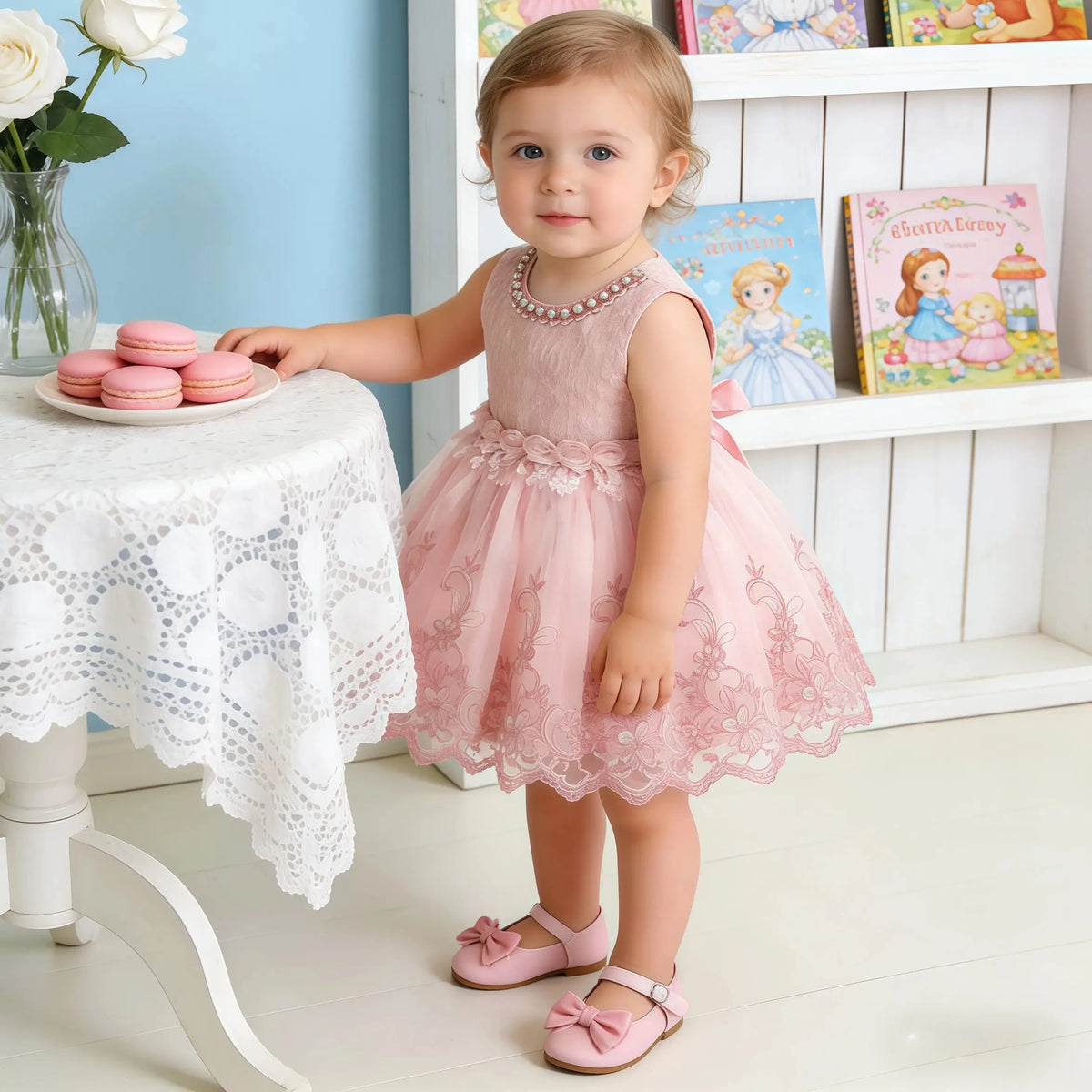 Infant Baby Flower Dress Toddler Girls Sleeveless Pearl Princess Pageant Birthday Lace Wedding Dress Children Formal Gown 6-24M