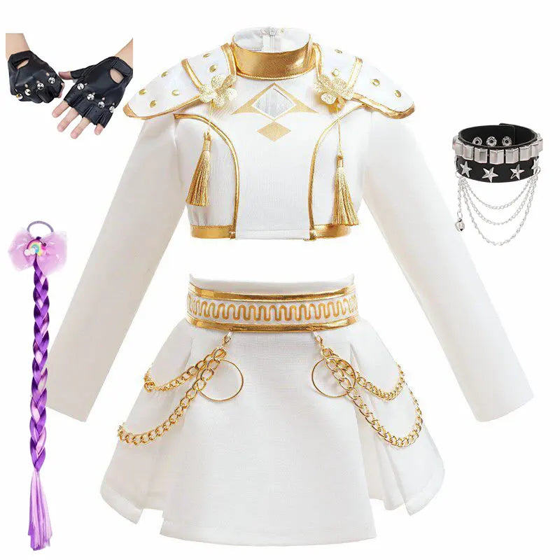 Dvoudílný taneční kostým pro dívky v bílé a zlaté barvě, populární oblečení na vystoupení ve stylu K-pop, dětská narozeninová párty, cosplay, týmová uniforma pro zpěvačky