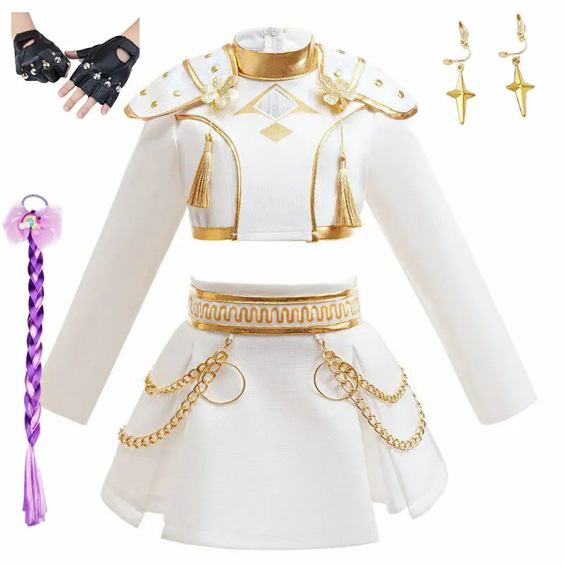 Dvoudílný taneční kostým pro dívky v bílé a zlaté barvě, populární oblečení na vystoupení ve stylu K-pop, dětská narozeninová párty, cosplay, týmová uniforma pro zpěvačky