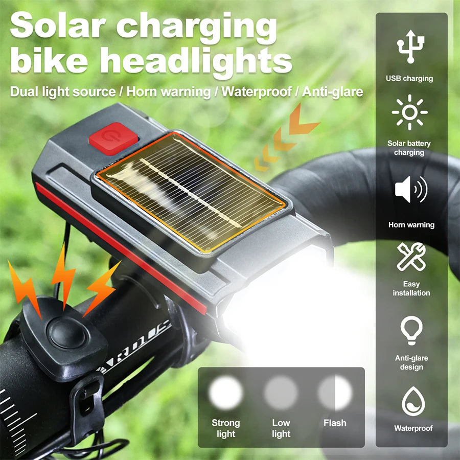 Solar Bicycle Light with Horn 120dB TYPE-C Fast Charging MTB Road Bike Front Lamp Flashlight Bicycle Light 1200 mah