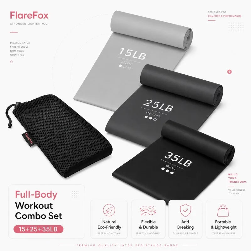 FlareFox Yoga Resistance Bands Set Leg and Shoulder Workout Back Strength Training Pilates Stretch Band Gym Equipment for Home