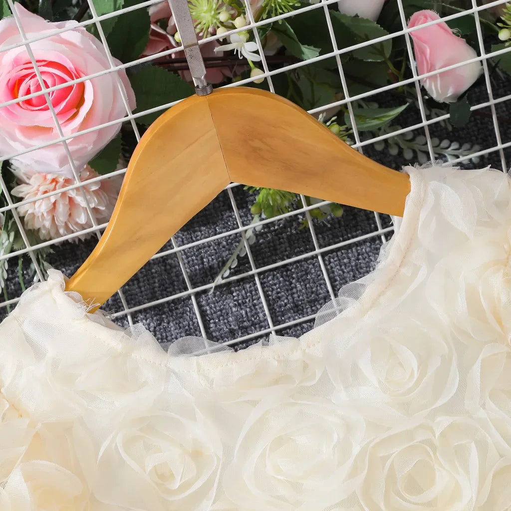Dívčí béžové šaty, elegantní společenské šaty s krátkým rukávem, letní květinové princeznovské šaty, roztomilé dětské oblečení pro dívky 3–7 let