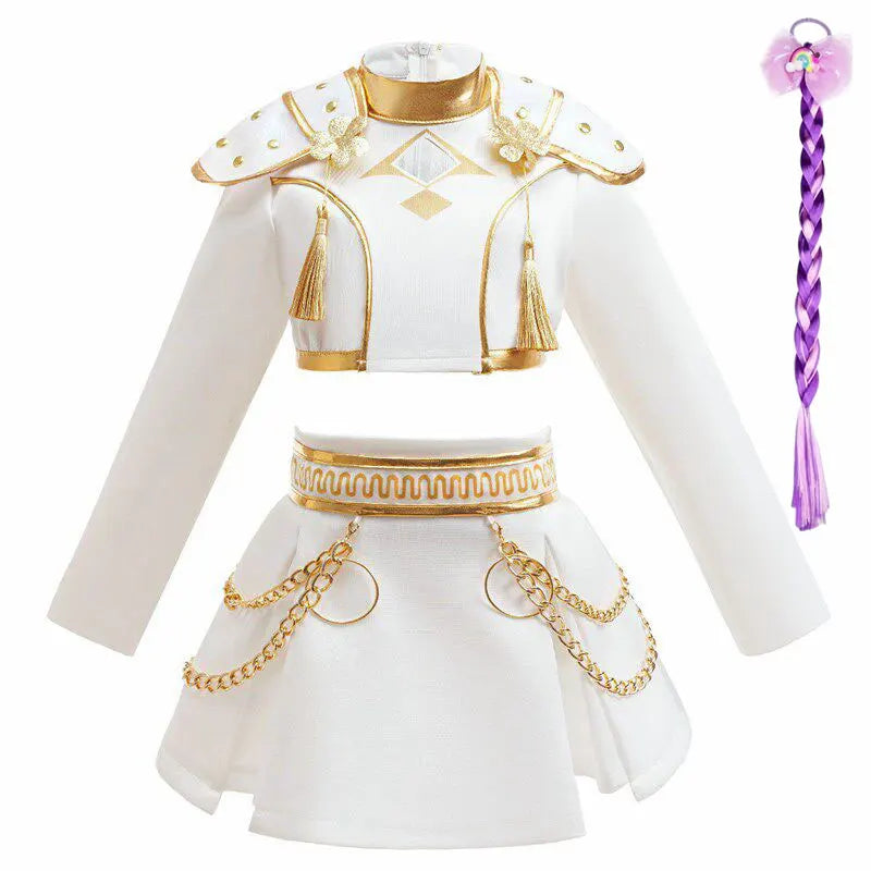 Dvoudílný taneční kostým pro dívky v bílé a zlaté barvě, populární oblečení na vystoupení ve stylu K-pop, dětská narozeninová párty, cosplay, týmová uniforma pro zpěvačky