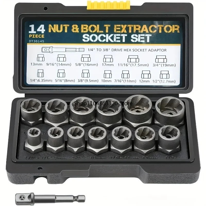 14pcs Impact Socket Set Nut And Bolt Extractor & Remover Chrome Molybdenum Steel Extractors with Storage Box for Automotive
