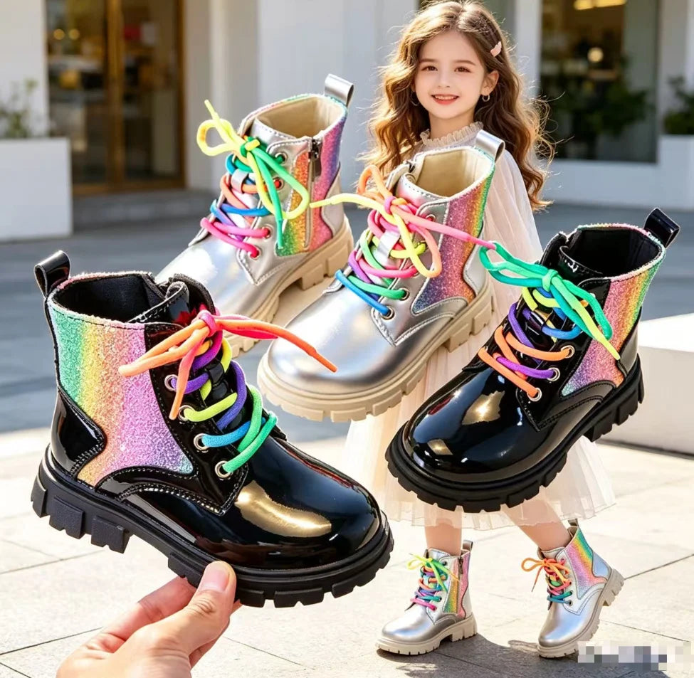 Winter Girls New Colorful Short Boots Fashion Children British Banquet Party Lace Leather Shoes Kids Versatile Thick Bottom Boot